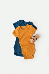 Body manches courtes couleur bleu et safran en coton biologique GOTS et modal Slow fashion vêtement bébé éthique durable éco-responsable